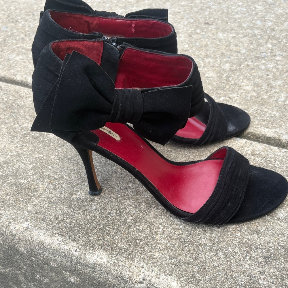 Max Studio Black Suede Bow Ankle-Strap Heels with Red Insole
